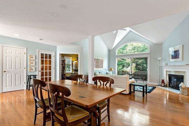 Dining room, Fireplace, Interior, Living room, Recessed Lighting, Wood Texture Flooring