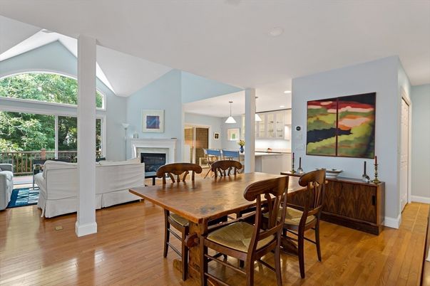 Dining room, Fireplace, Interior, Kitchen, Living room, Pendant Lights, Recessed Lighting, Wood Texture Flooring