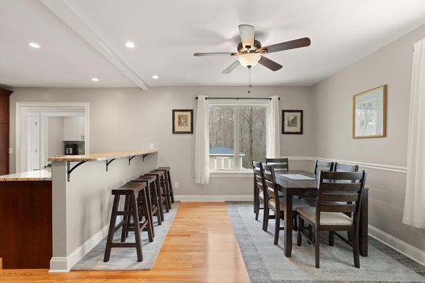 Dining room, Interior, Recessed Lighting, Wood Texture Flooring
