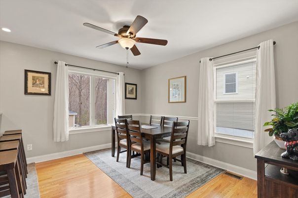 Dining room, Interior, Recessed Lighting, Wood Texture Flooring
