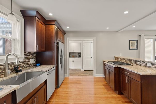 Interior, Kitchen, Pendant Lights, Recessed Lighting, Stainless Steel Appliances, Wood Texture Flooring