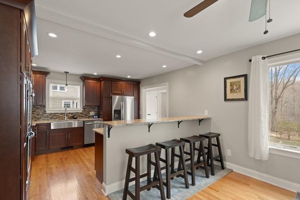 Interior, Kitchen, Pendant Lights, Recessed Lighting, Stainless Steel Appliances, Wood Texture Flooring