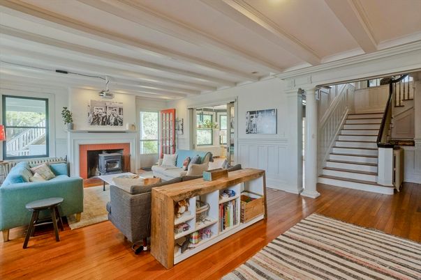 Fireplace, Interior, Living room, Pendant Lights, Wood Texture Flooring
