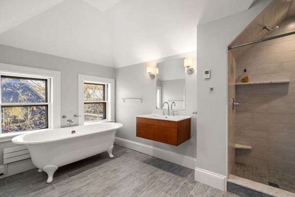 Bathroom, Dual Sink Vanities, Free Standing Baths, Interior, Wood Texture Flooring