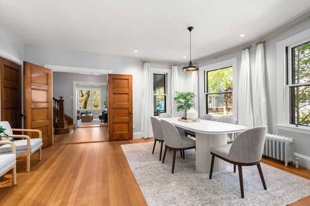 Dining room, Interior, Pendant Lights, Recessed Lighting, Wood Texture Flooring