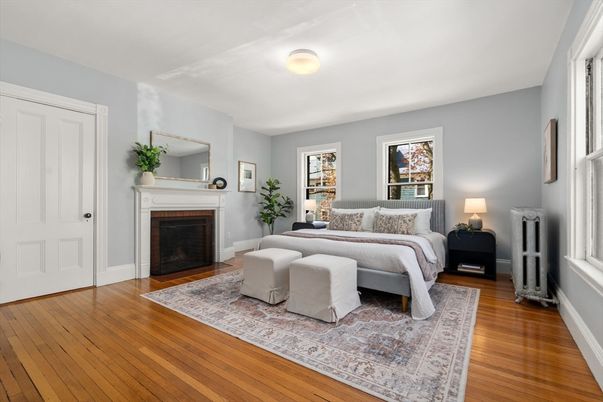 Bedroom, Fireplace, Interior, Wood Texture Flooring