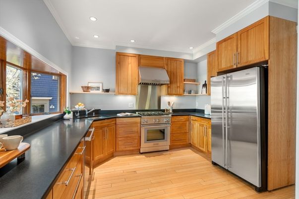 Interior, Kitchen, Recessed Lighting, Stainless Steel Appliances, Wood Texture Flooring
