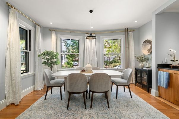 Dining room, Interior, Pendant Lights, Recessed Lighting, Wood Texture Flooring
