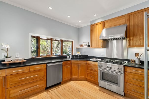 Interior, Kitchen, Recessed Lighting, Stainless Steel Appliances, Wood Texture Flooring