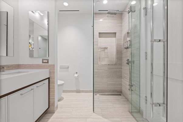 Bathroom, Dual Sink Vanities, Glass Shower, Interior, Recessed Lighting