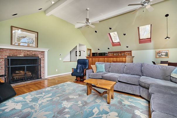 Fireplace, Interior, Living room, Pendant Lights, Wood Texture Flooring