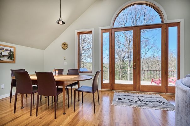 Dining room, Interior, Pendant Lights, Wood Texture Flooring
