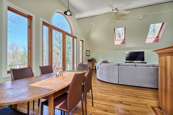 Dining room, Interior, Living room, Pendant Lights, Wood Texture Flooring