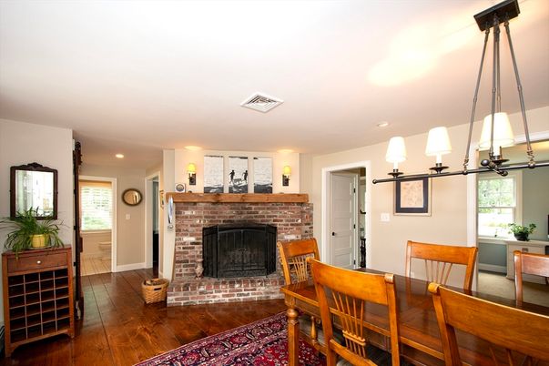 Chandelier, Dining room, Fireplace, Interior, Recessed Lighting, Wood Texture Flooring