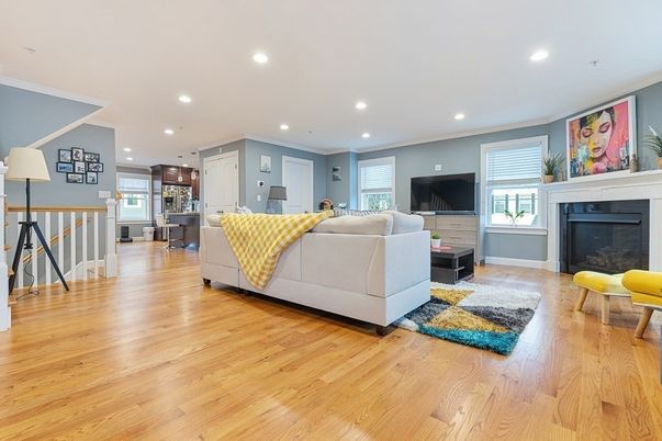 Fireplace, Interior, Kitchen, Living room, Recessed Lighting, Wood Texture Flooring