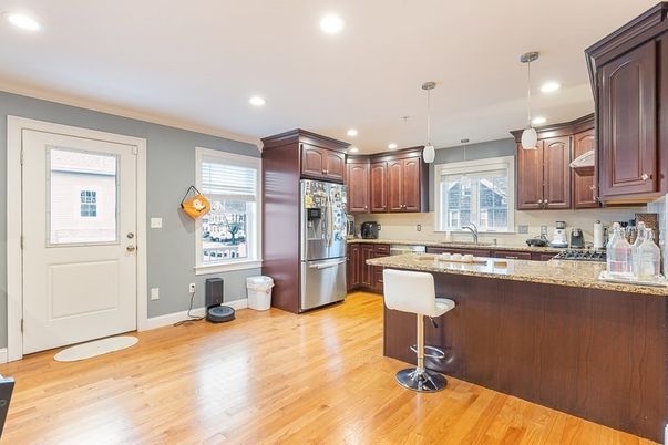 Interior, Kitchen, Pendant Lights, Recessed Lighting, Stainless Steel Appliances, Wood Texture Flooring