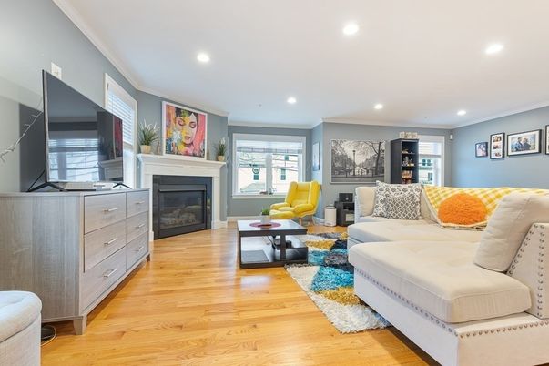 Fireplace, Interior, Living room, Recessed Lighting, Wood Texture Flooring