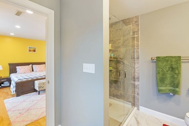 Bathroom, Bedroom, Glass Shower, Interior, Marble, Recessed Lighting, Wood Texture Flooring