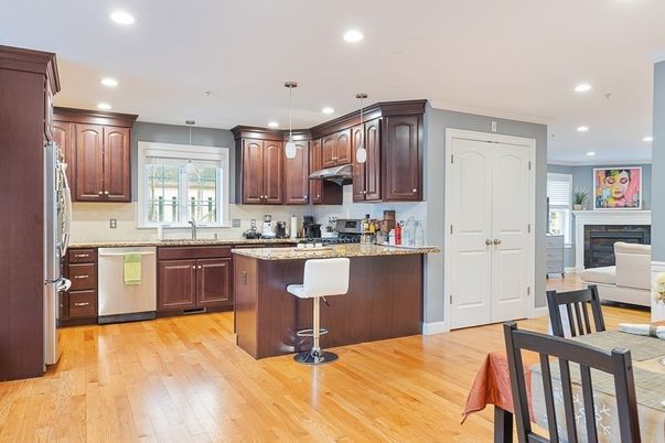 Fireplace, Interior, Kitchen, Pendant Lights, Recessed Lighting, Wood Texture Flooring