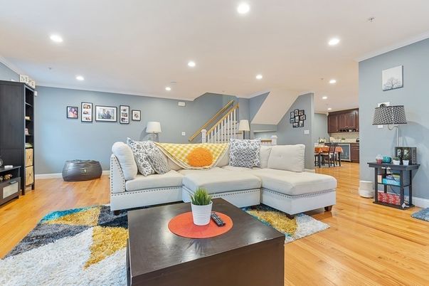 Dining room, Interior, Living room, Recessed Lighting, Wood Texture Flooring