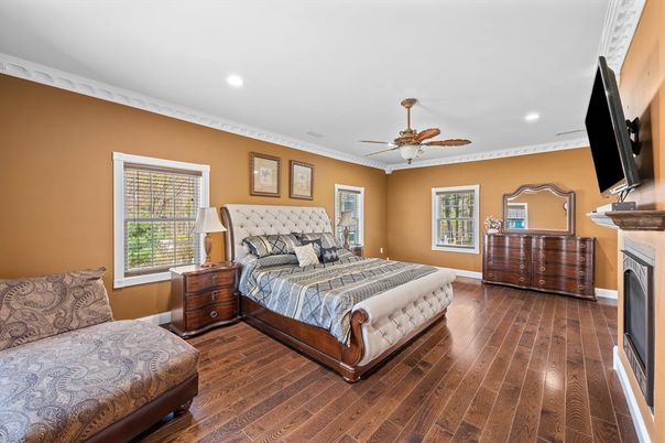 Bedroom, Fireplace, Interior, Recessed Lighting, Wood Texture Flooring
