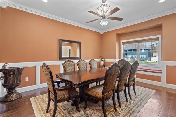 Dining room, Interior, Recessed Lighting, Wood Texture Flooring