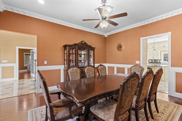 Dining room, Interior, Recessed Lighting, Wood Texture Flooring