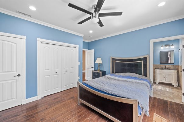 Bedroom, Interior, Recessed Lighting, Wood Texture Flooring