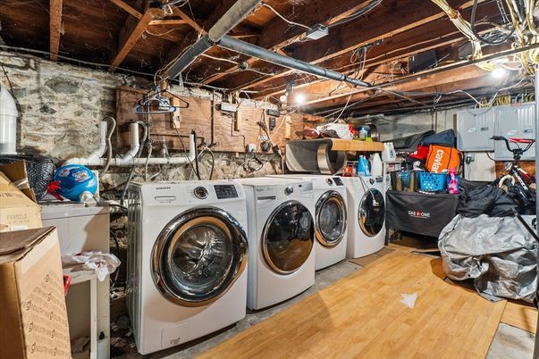 Interior, Stone Walls, Washer, Wooden Beams, Wood Texture Flooring