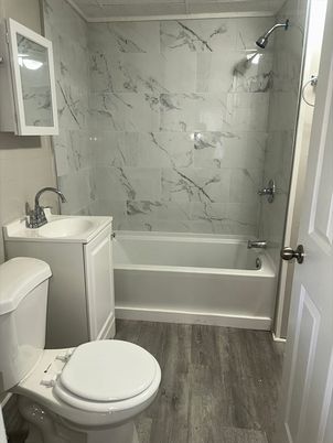 Bathroom, Interior, Marble Walls, Wood Texture Flooring
