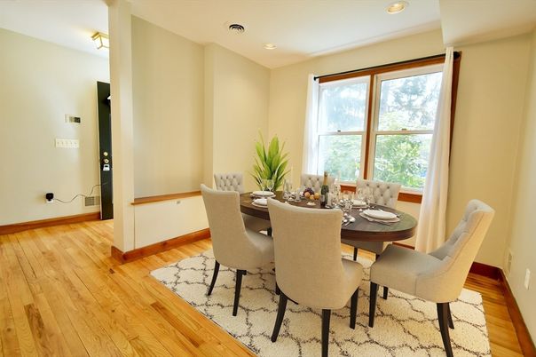 Dining room, Interior, Recessed Lighting, Wood Texture Flooring