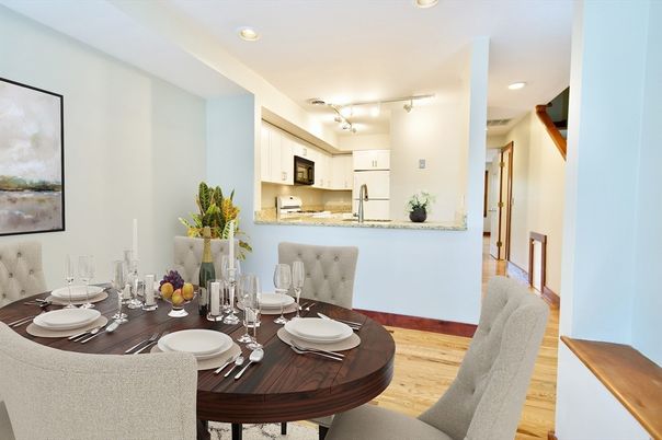 Dining room, Interior, Kitchen, Recessed Lighting, Stainless Steel Appliances, Wood Texture Flooring