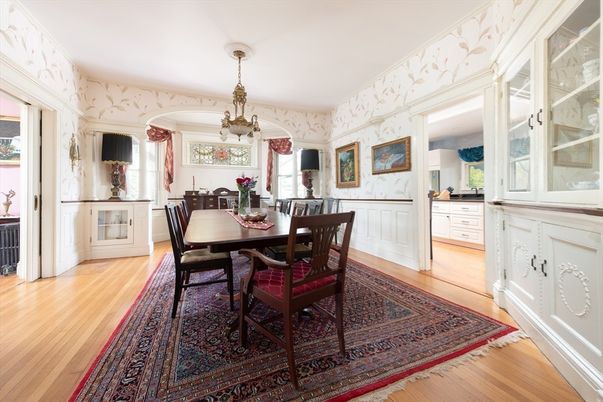 Dining room, Interior, Pendant Lights, Wood Texture Flooring