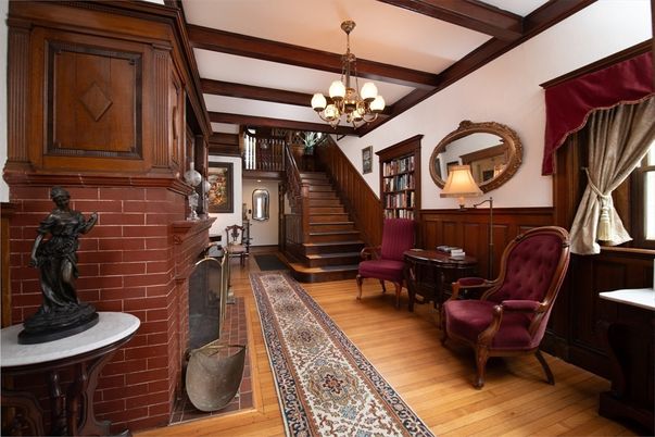 Chandelier, Fireplace, Interior, Wooden Beams, Wood Texture Flooring