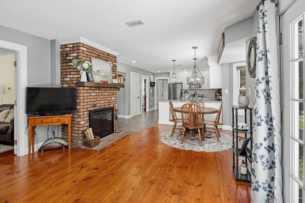 Dining room, Fireplace, Interior, Kitchen, Pendant Lights, Recessed Lighting, Stone Walls, Wood Texture Flooring