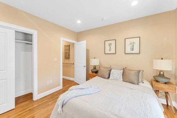 Bedroom, Interior, Recessed Lighting, Wood Texture Flooring