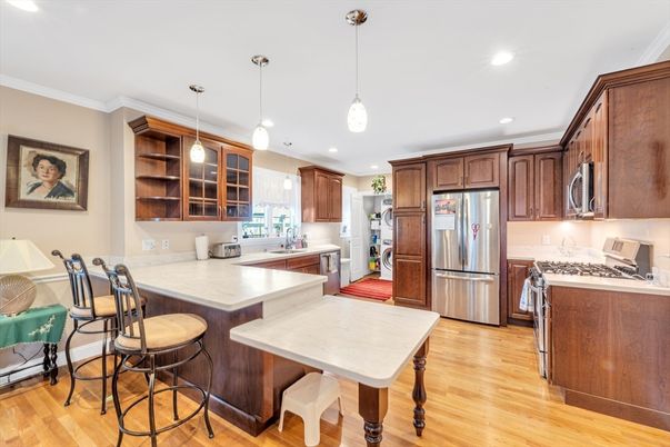Interior, Kitchen, Pendant Lights, Recessed Lighting, Stainless Steel Appliances, Wood Texture Flooring