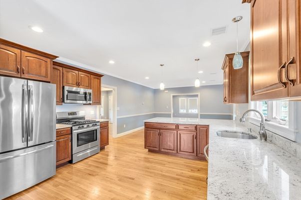 Interior, Kitchen, Pendant Lights, Recessed Lighting, Stainless Steel Appliances, Wood Texture Flooring