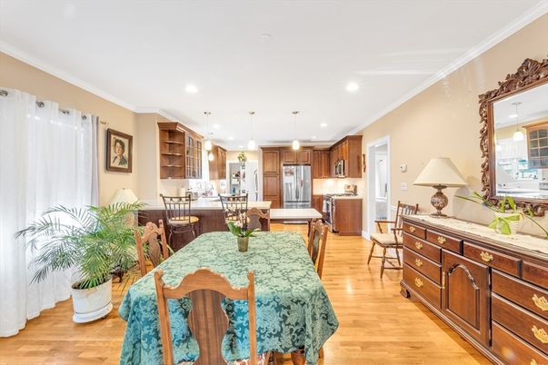 Dining room, Interior, Kitchen, Pendant Lights, Recessed Lighting, Stainless Steel Appliances, Wood Texture Flooring