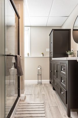 Bathroom, Glass Shower, Interior, Wood Texture Flooring