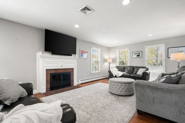 Fireplace, Interior, Living room, Recessed Lighting, Wood Texture Flooring