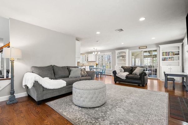Chandelier, Dining room, Interior, Kitchen, Living room, Recessed Lighting, Wood Texture Flooring
