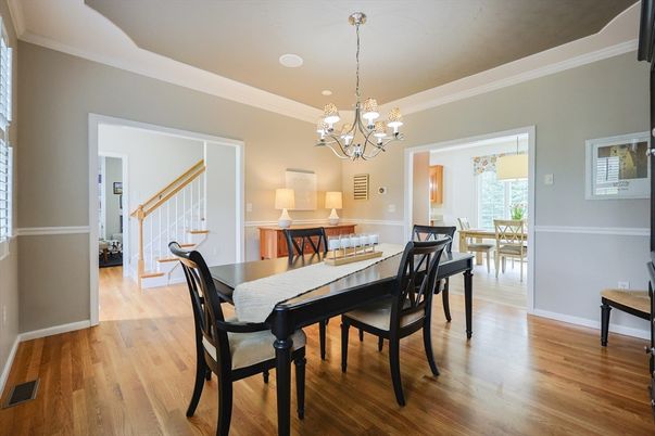 Chandelier, Dining room, Interior, Wood Texture Flooring