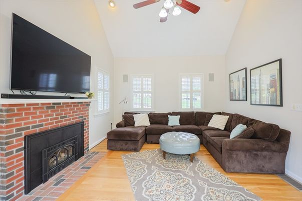 Fireplace, Interior, Living room, Recessed Lighting, Wood Texture Flooring