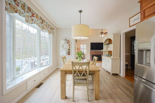 Dining room, Fireplace, Interior, Kitchen, Pendant Lights, Stone Walls, Wood Texture Flooring