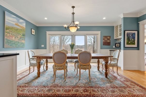 Dining room, Interior, Pendant Lights, Recessed Lighting, Wood Texture Flooring