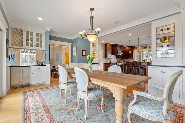 Dining room, Interior, Kitchen, Pendant Lights, Recessed Lighting, Wood Texture Flooring