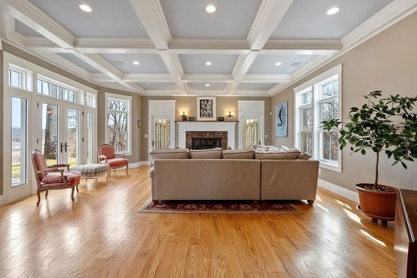Fireplace, Interior, Living room, Recessed Lighting, Wood Texture Flooring