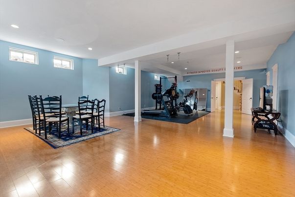 Dining room, Fitness Equipment, Interior, Recessed Lighting, Wood Texture Flooring