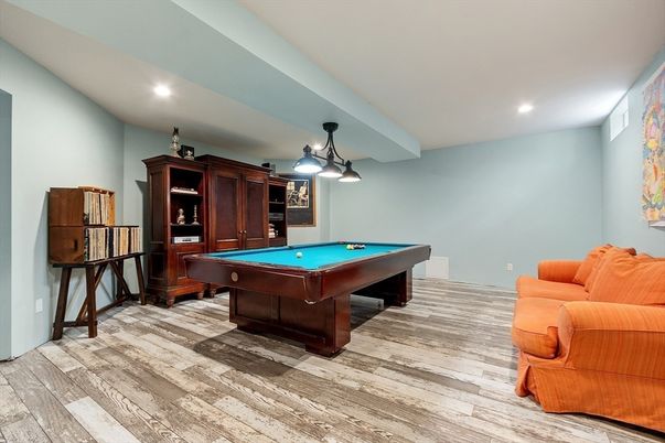 Billiard Table, Game Room, Interior, Pendant Lights, Recessed Lighting, Wood Texture Flooring